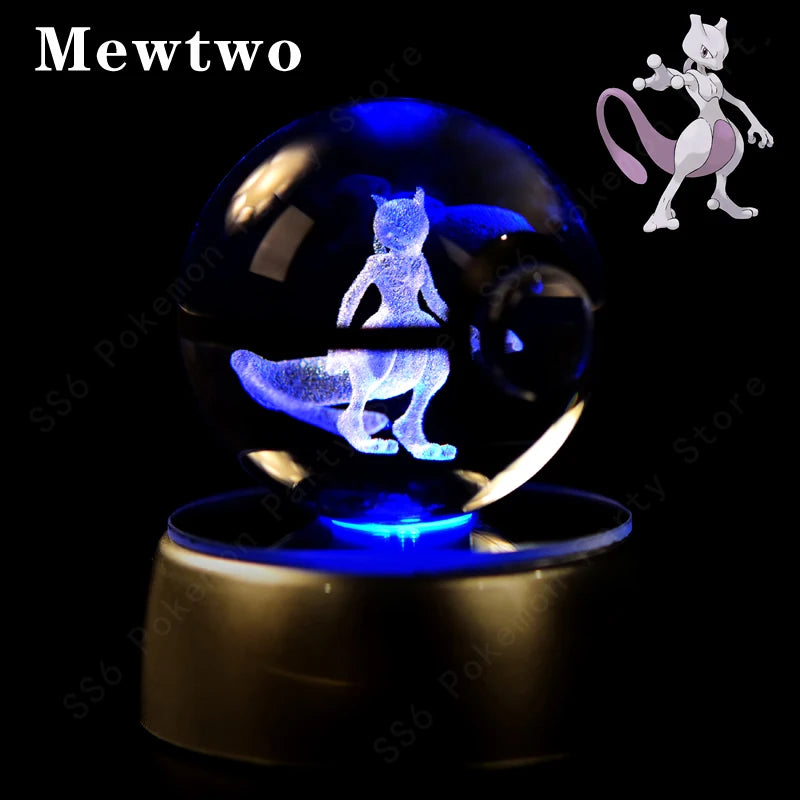 Pokemon Crystal Ball 3D Pikachu Mewtwo Gengar Pokeball 3D Night Light Lamp Glass Statue Pokemon Crystal Ball Kids Birthday Gift