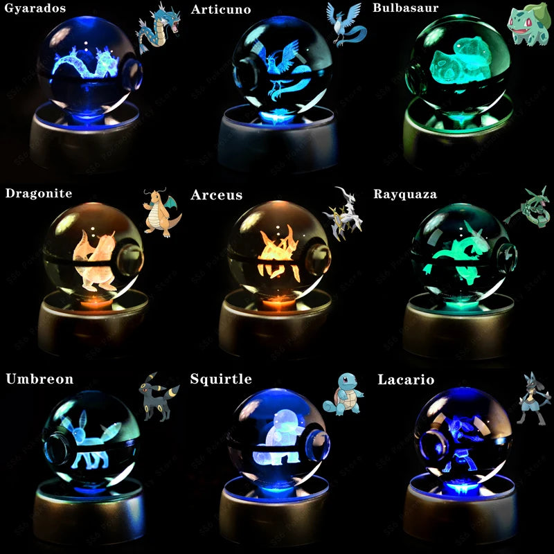 Pokemon Crystal Ball 3D Pikachu Mewtwo Gengar Pokeball 3D Night Light Lamp Glass Statue Pokemon Crystal Ball Kids Birthday Gift