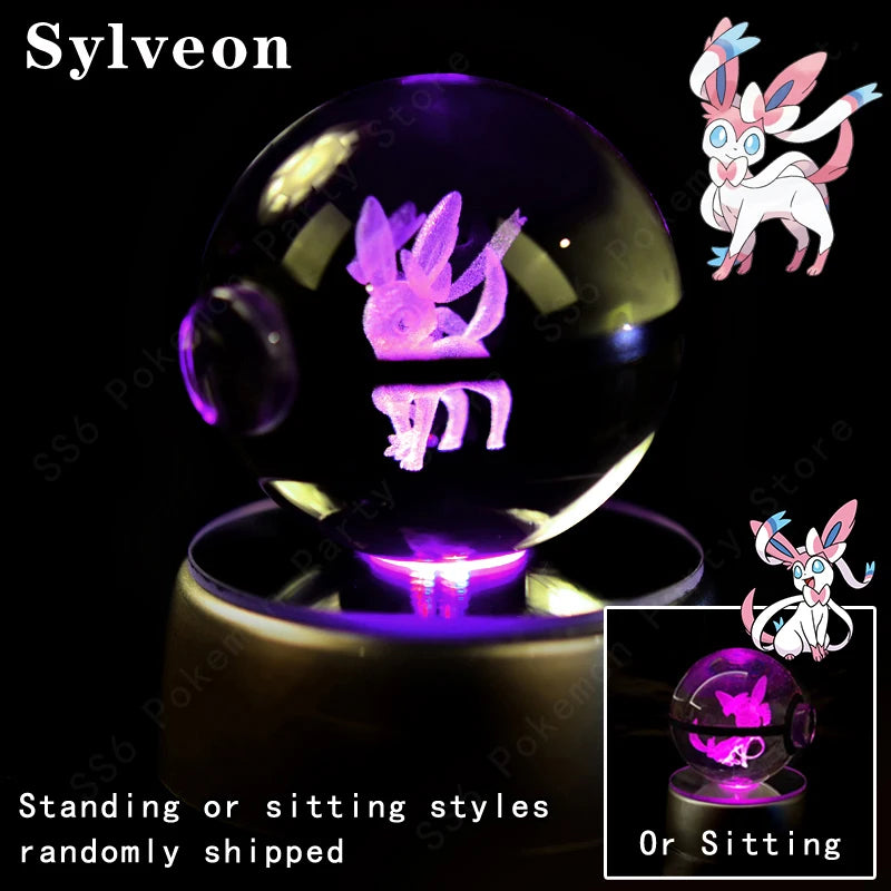 Pokemon Crystal Ball 3D Pikachu Mewtwo Gengar Pokeball 3D Night Light Lamp Glass Statue Pokemon Crystal Ball Kids Birthday Gift