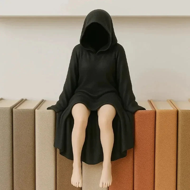 3D Mysterious Halloween Statue Gothic Black-Robed Queen Figure Bookshelf Sculpture Ghost Sitting Statue Table Decoration Gift