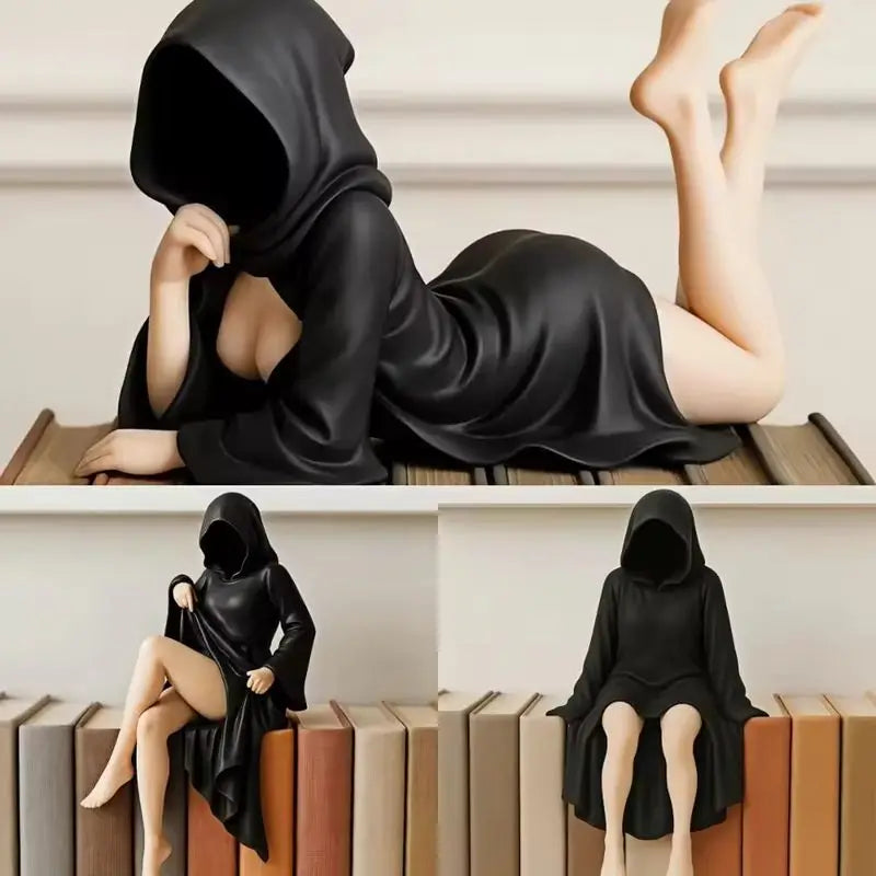 3D Mysterious Halloween Statue Gothic Black-Robed Queen Figure Bookshelf Sculpture Ghost Sitting Statue Table Decoration Gift