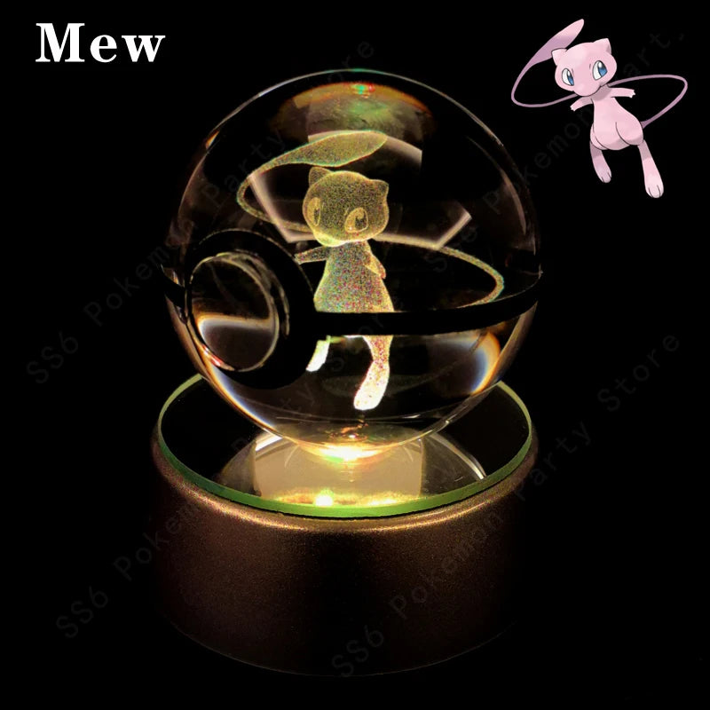 Pokemon Crystal Ball 3D Pikachu Mewtwo Gengar Pokeball 3D Night Light Lamp Glass Statue Pokemon Crystal Ball Kids Birthday Gift