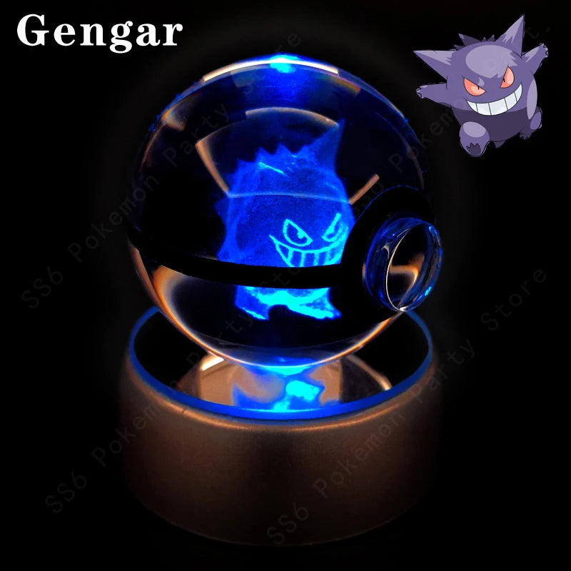 Pokemon Crystal Ball 3D Pikachu Mewtwo Gengar Pokeball 3D Night Light Lamp Glass Statue Pokemon Crystal Ball Kids Birthday Gift